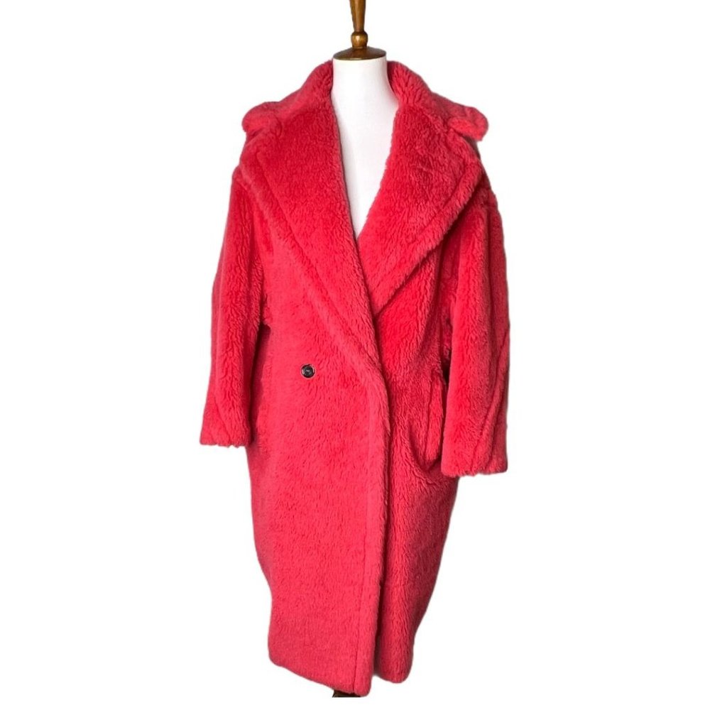 MAX MARA Teddy Bear Icon Coral Red Tedgirl Faux Fur Coat Size S - Picture 7 of 14